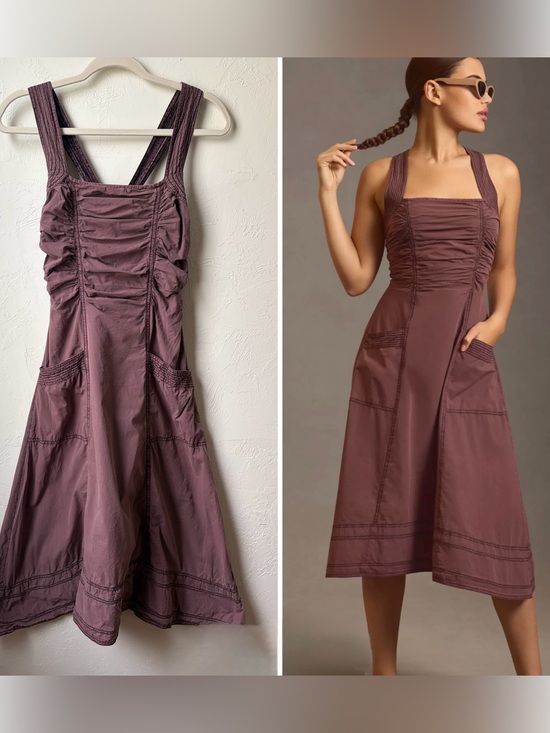 Pilcro Dresses & Skirts - Anthropologie Pilcro Ruched Midi Dress Cross Back Mauve Purple XS